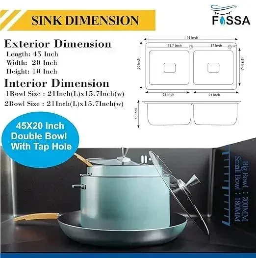 Premium Handmade (45"x20"x10) Inch Stainless Steel Double Bowl black Kitchen Sink With Tap Hole - Image 2