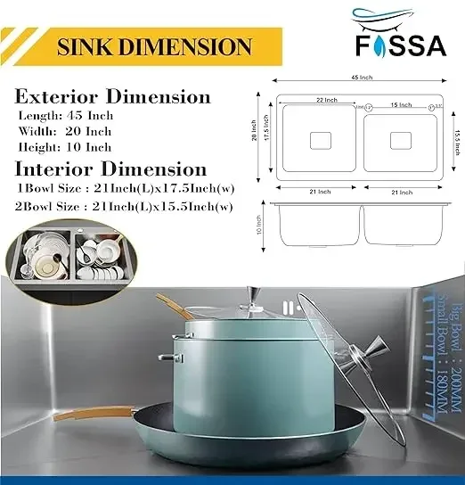 Premium Handmade (45"x20"x10) InchStainless Steel Double Bowl Silver Kitchen Sink With Tap Hole - Image 2