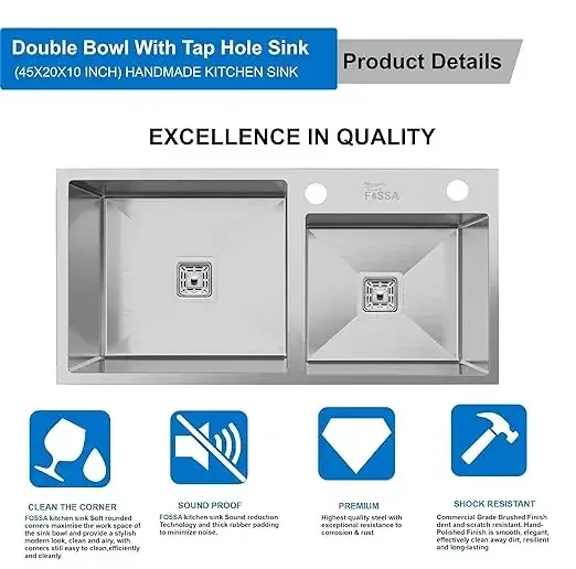 Premium Handmade (45"x20"x10) InchStainless Steel Double Bowl Silver Kitchen Sink With Tap Hole - Image 4