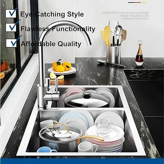 Premium Handmade (45"x20"x10) InchStainless Steel Double Bowl Silver Kitchen Sink With Tap Hole - Image 6