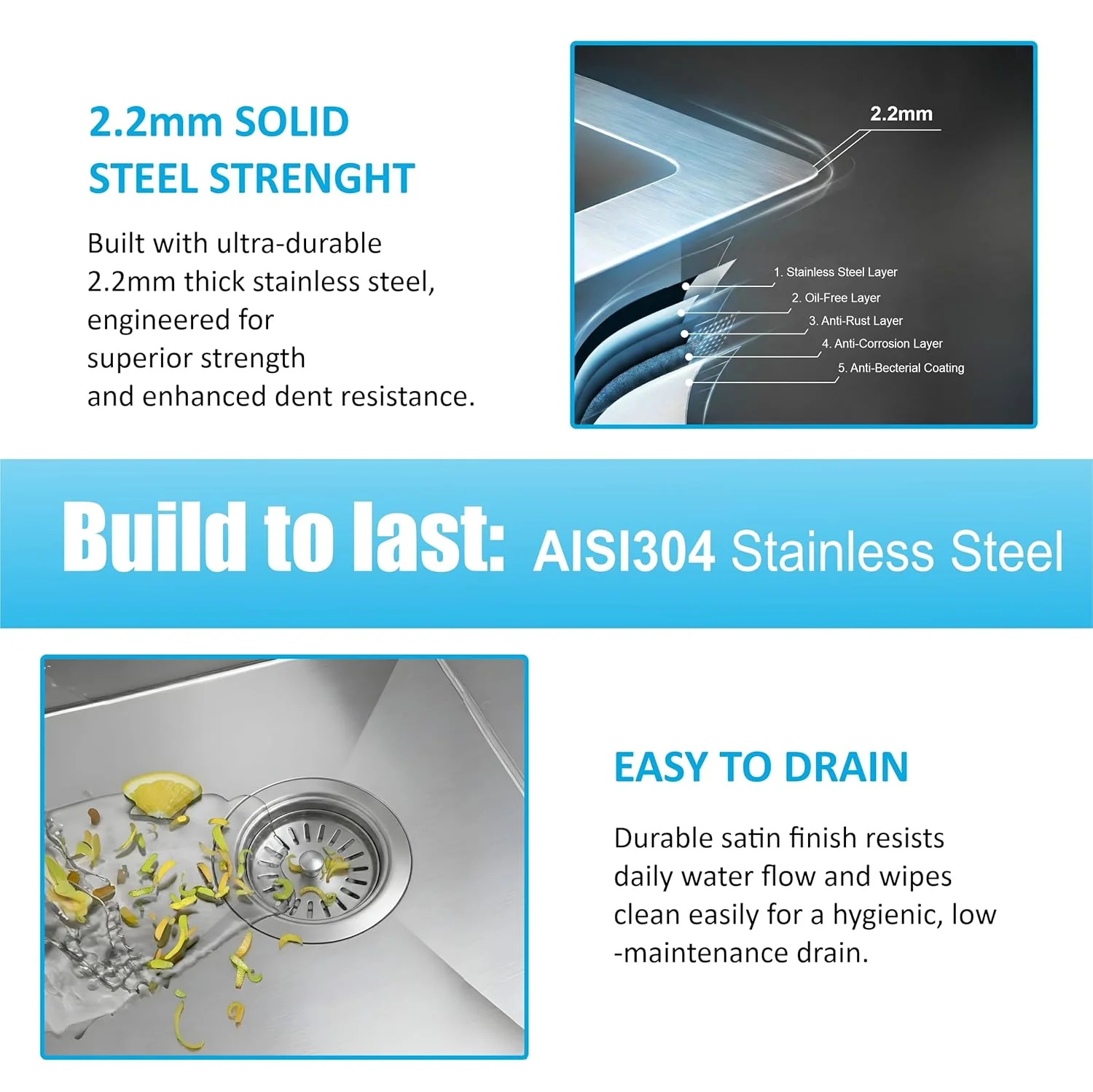Aqua 304 Handmade (45 x 20 x 09 ) Inch SS Double bowl Bowl Round Coupling Silver Kitchen Sink - Image 4