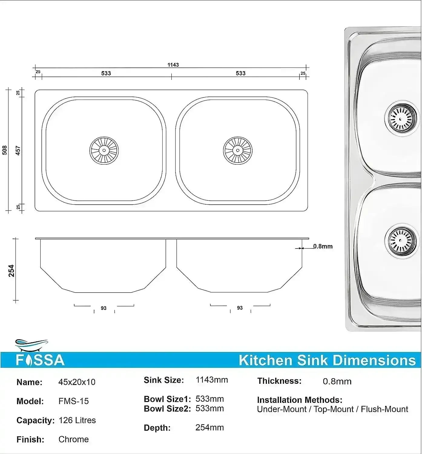 Premium Hydraulic (45"x20"x10") Double Bowl Indian Kitchen Sink Glossy Finish - Image 2