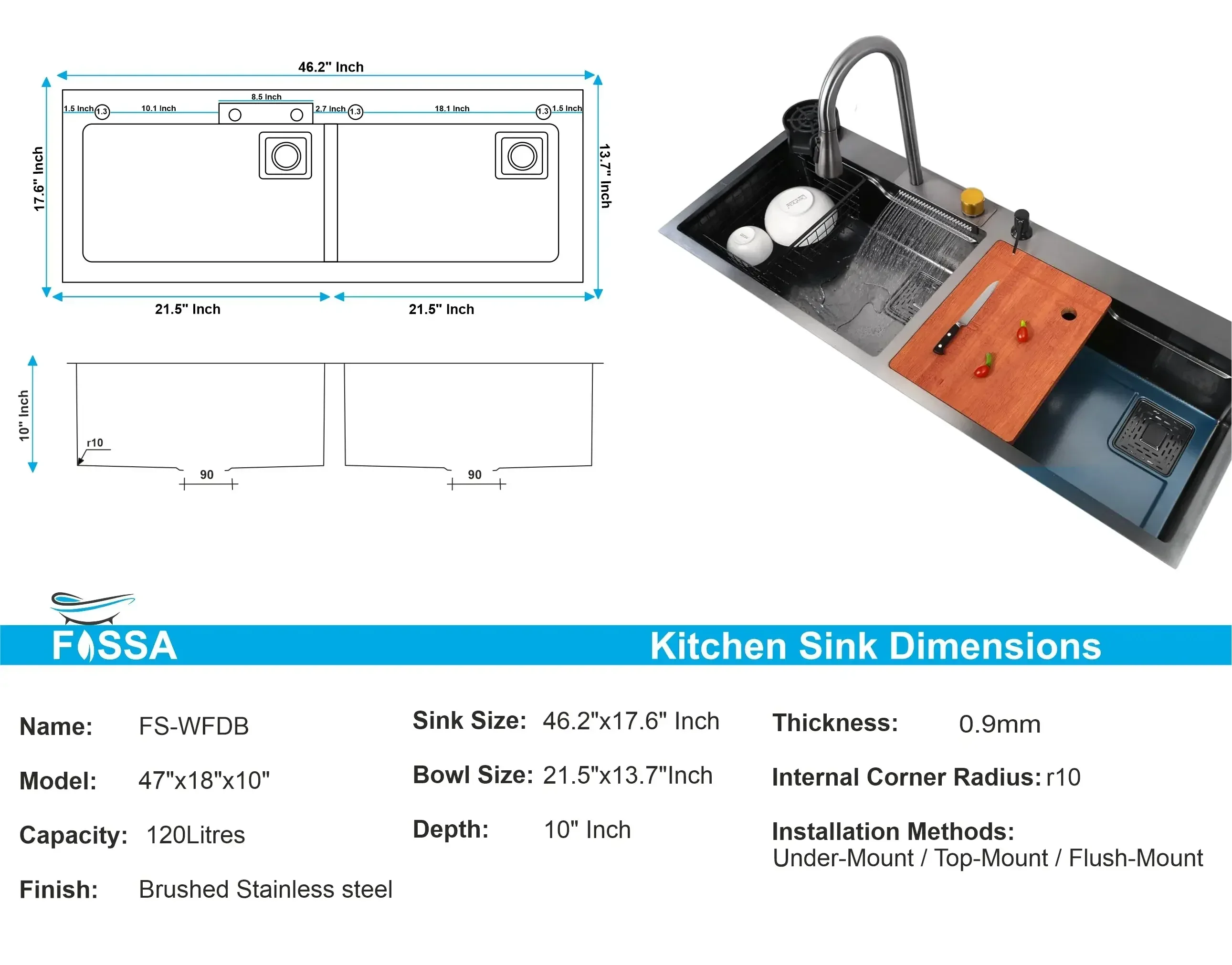Premium black Stainless Steel Smart Waterfall Kitchen Sink (47"x18"x10") - Image 2