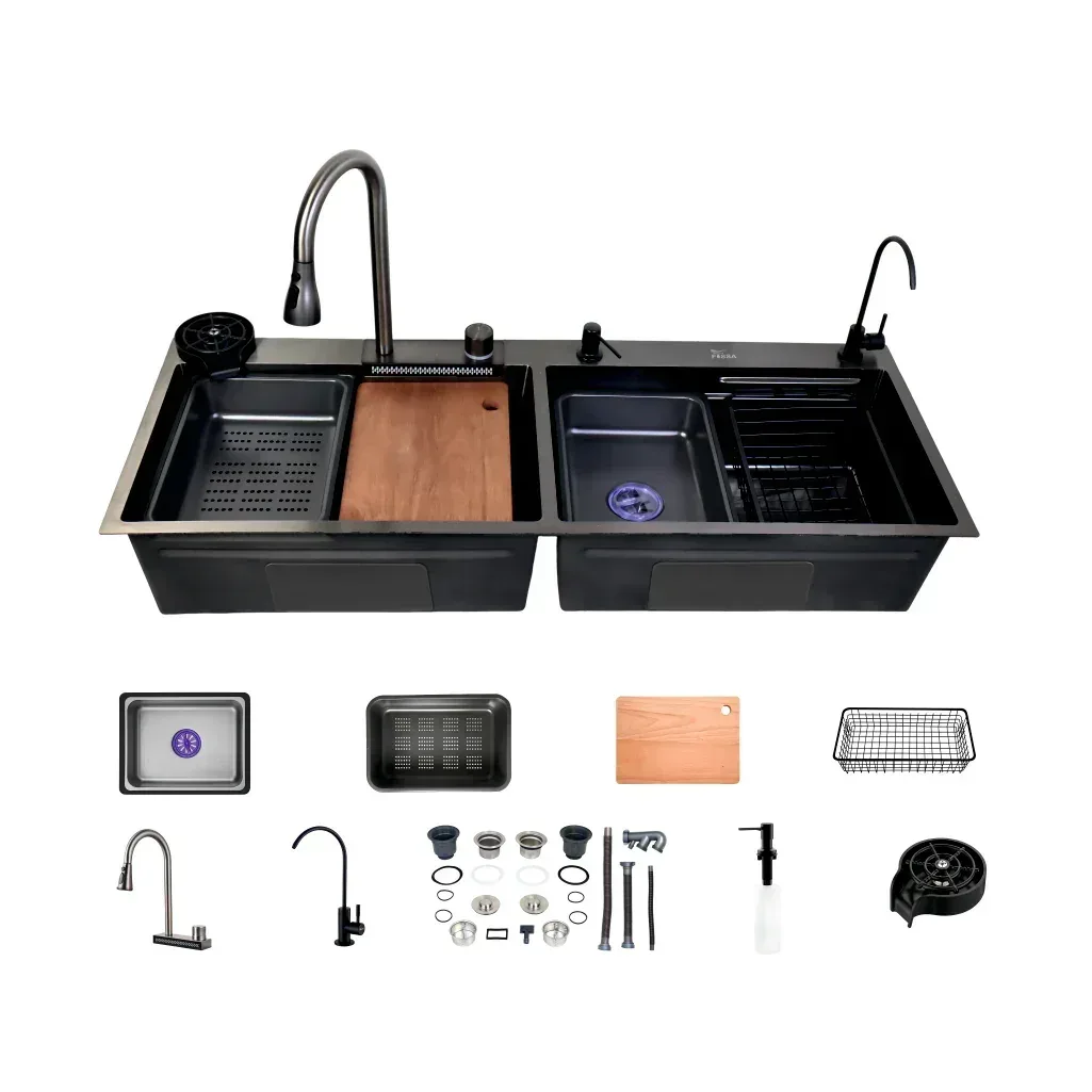 Premium black Stainless Steel Smart Waterfall Kitchen Sink (47"x18"x10")