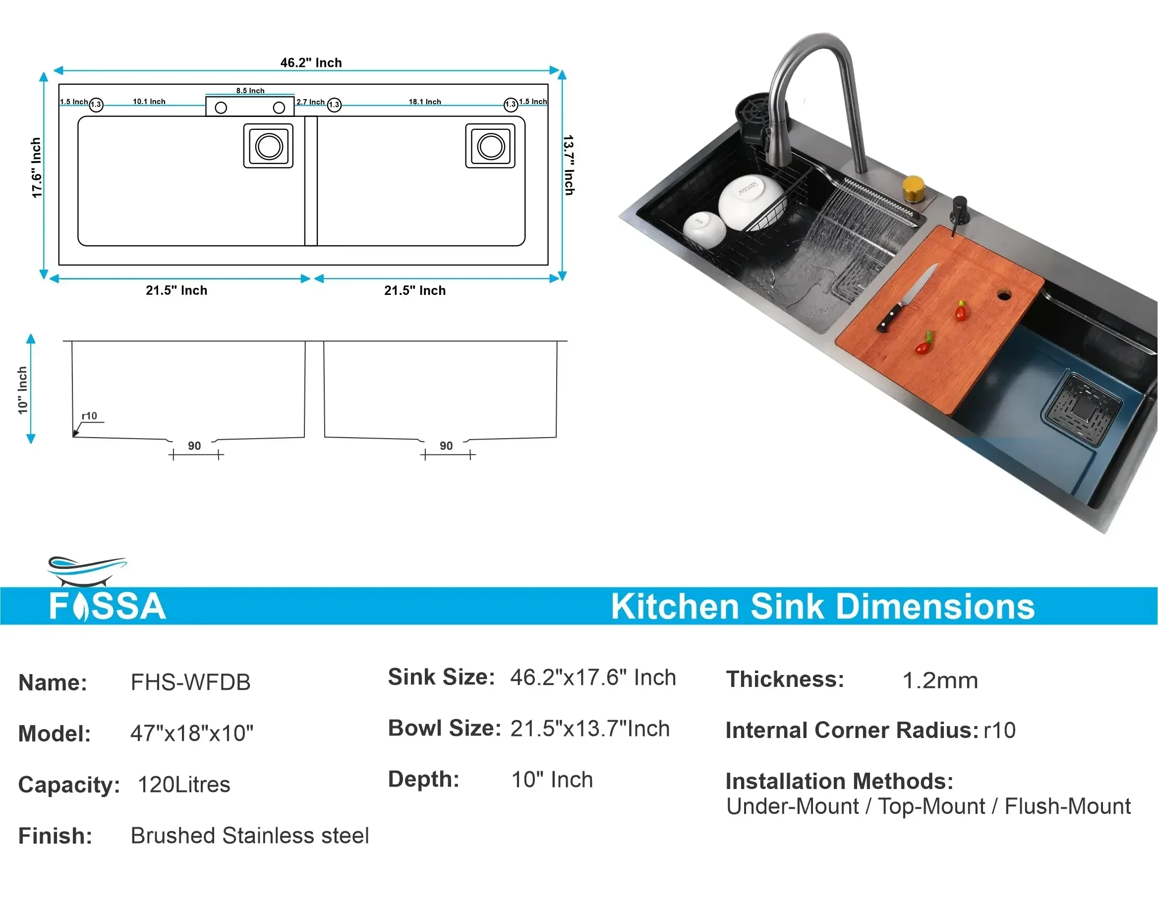 304 black Stainless Steel Smart Waterfall Kitchen Sink (47"x18"x10") - Image 2