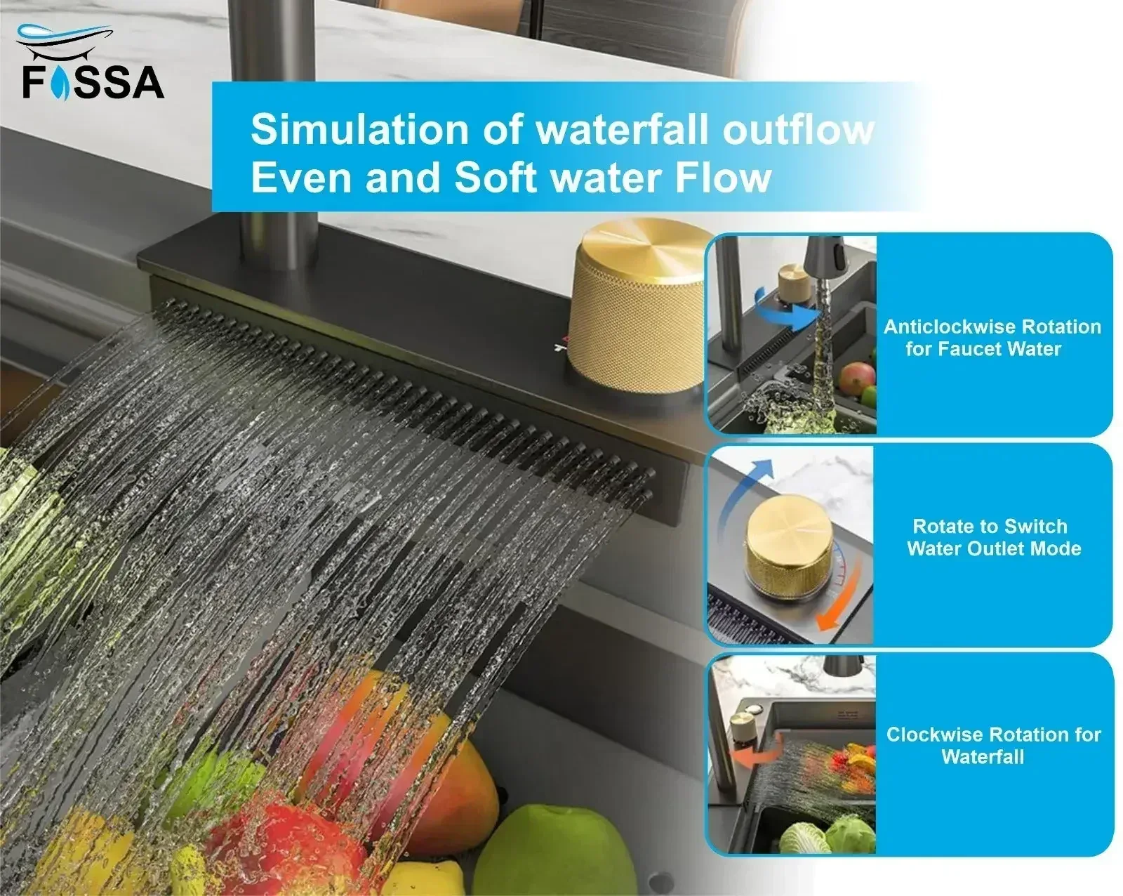 Premium black Stainless Steel Smart Waterfall Kitchen Sink (47"x18"x10") - Image 4