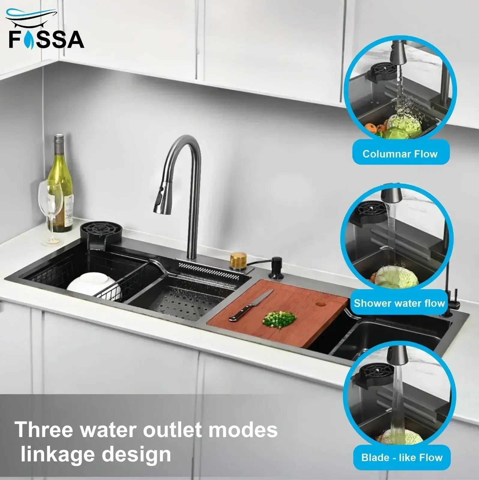 Premium black Stainless Steel Smart Waterfall Kitchen Sink (47"x18"x10") - Image 5