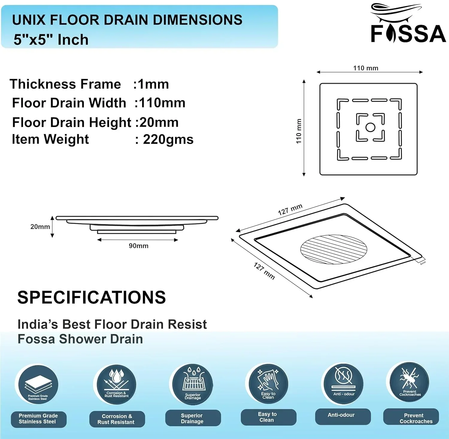 Apex Floor Drain (5 x 5 Inches) Premium Stainlees Steel With Hole - Image 2