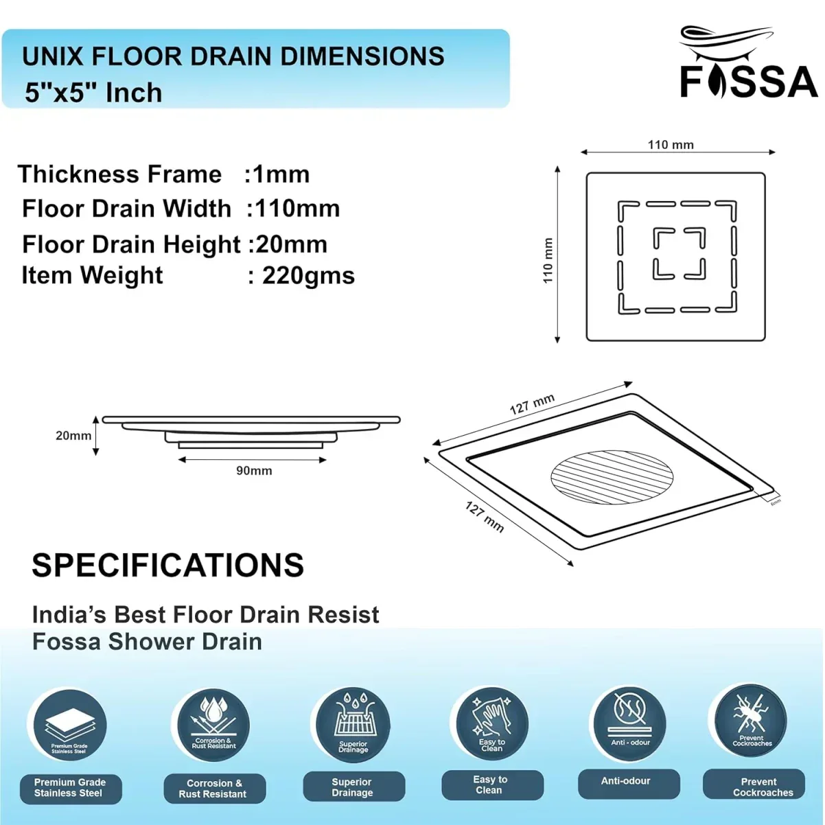 Apex Floor Drain (5 x 5 Inches) Premium Stainlees Steel - Image 2