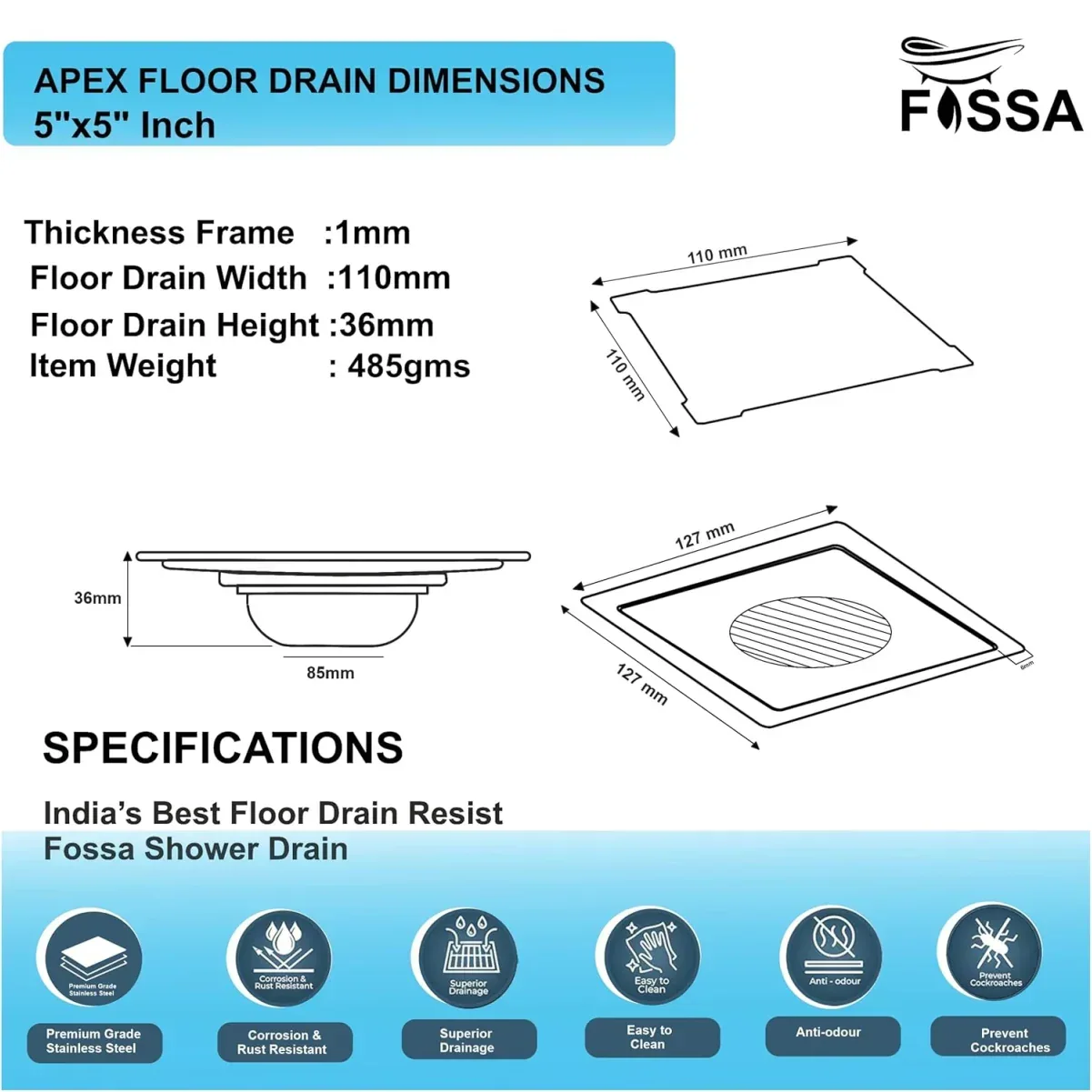 Flair Floor Drain (5 x 5 Inches) Premium Stainlees Steel - Image 2