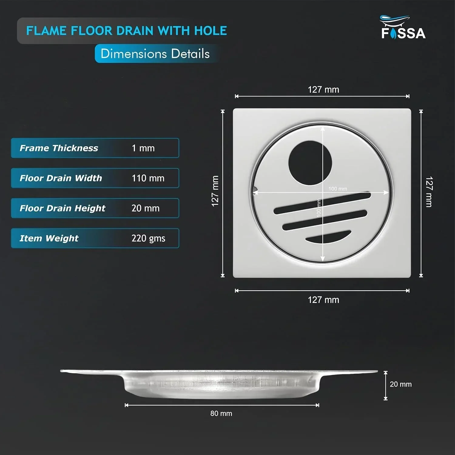 Flame Floor Drain (5 x 5 Inches) Premium Stainlees Steel With Hole - Image 2