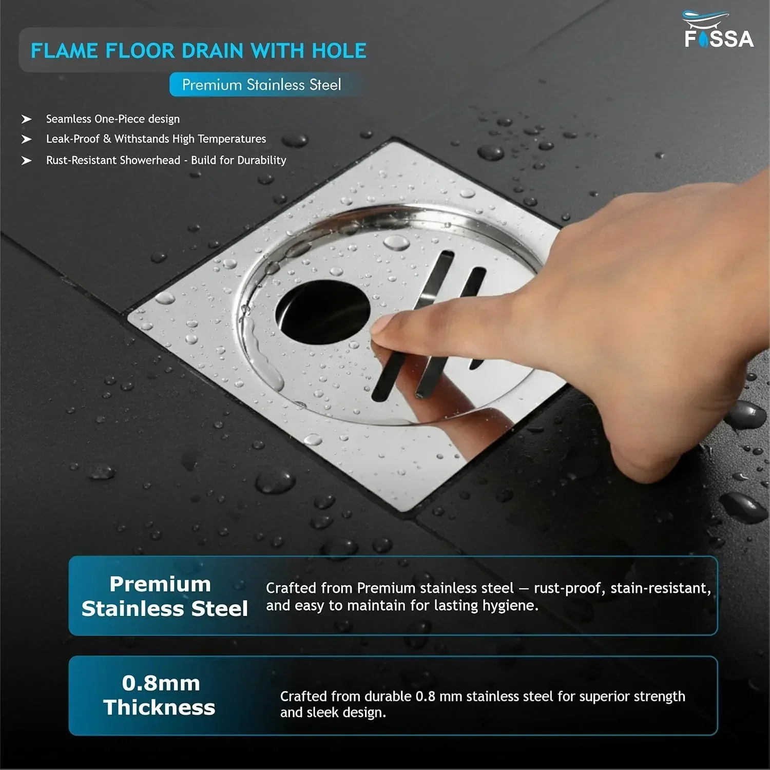Flame Floor Drain (5 x 5 Inches) Premium Stainlees Steel With Hole - Image 3