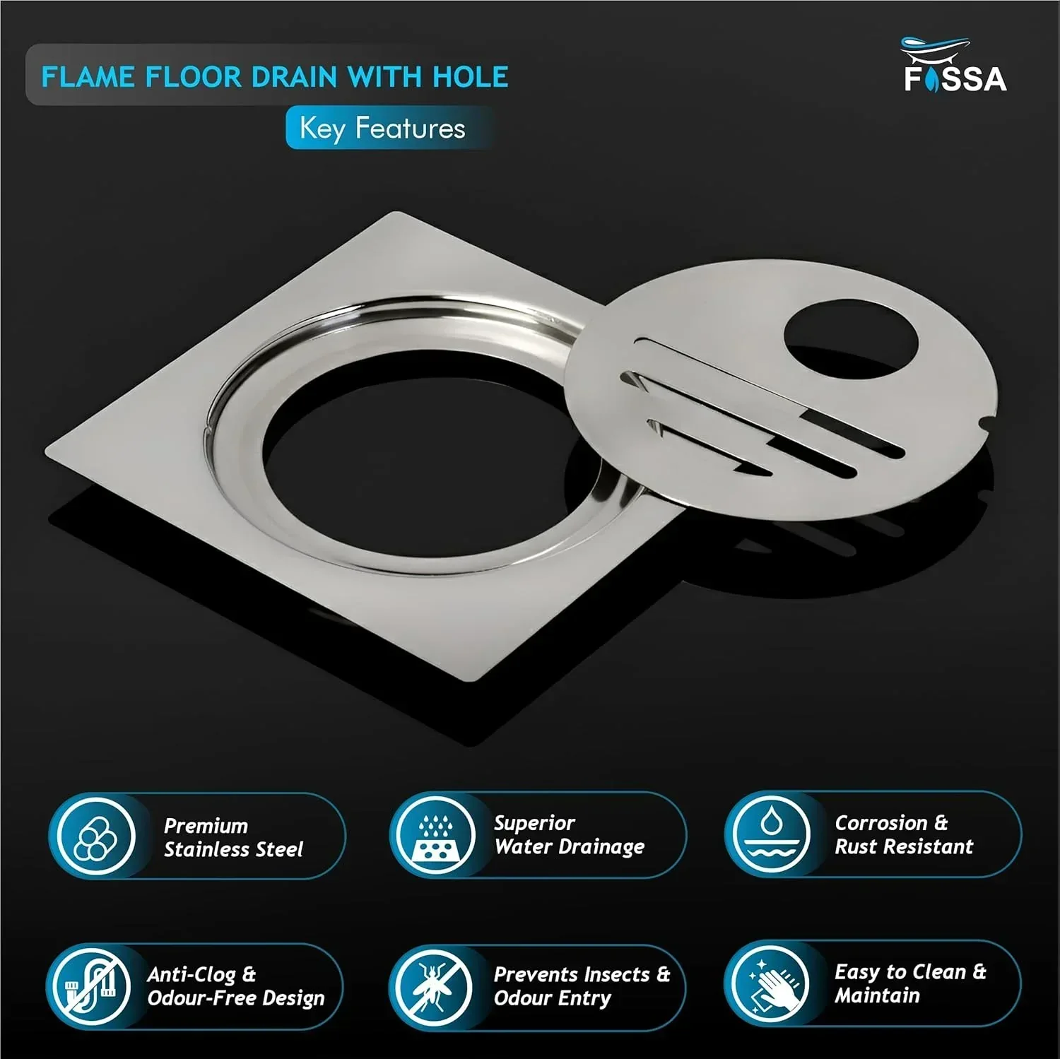 Flame Floor Drain (5 x 5 Inches) Premium Stainlees Steel With Hole - Image 4