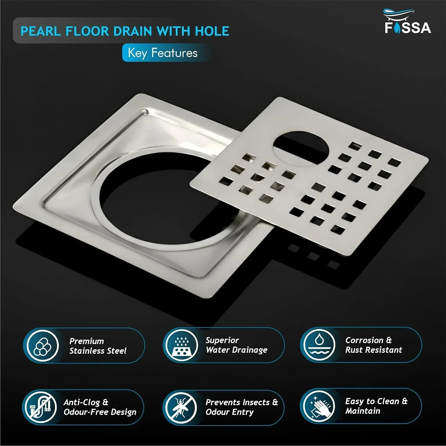 Pearl Floor Drain (5 x 5 Inches) Premium Stainlees Steel With Hole - Image 3