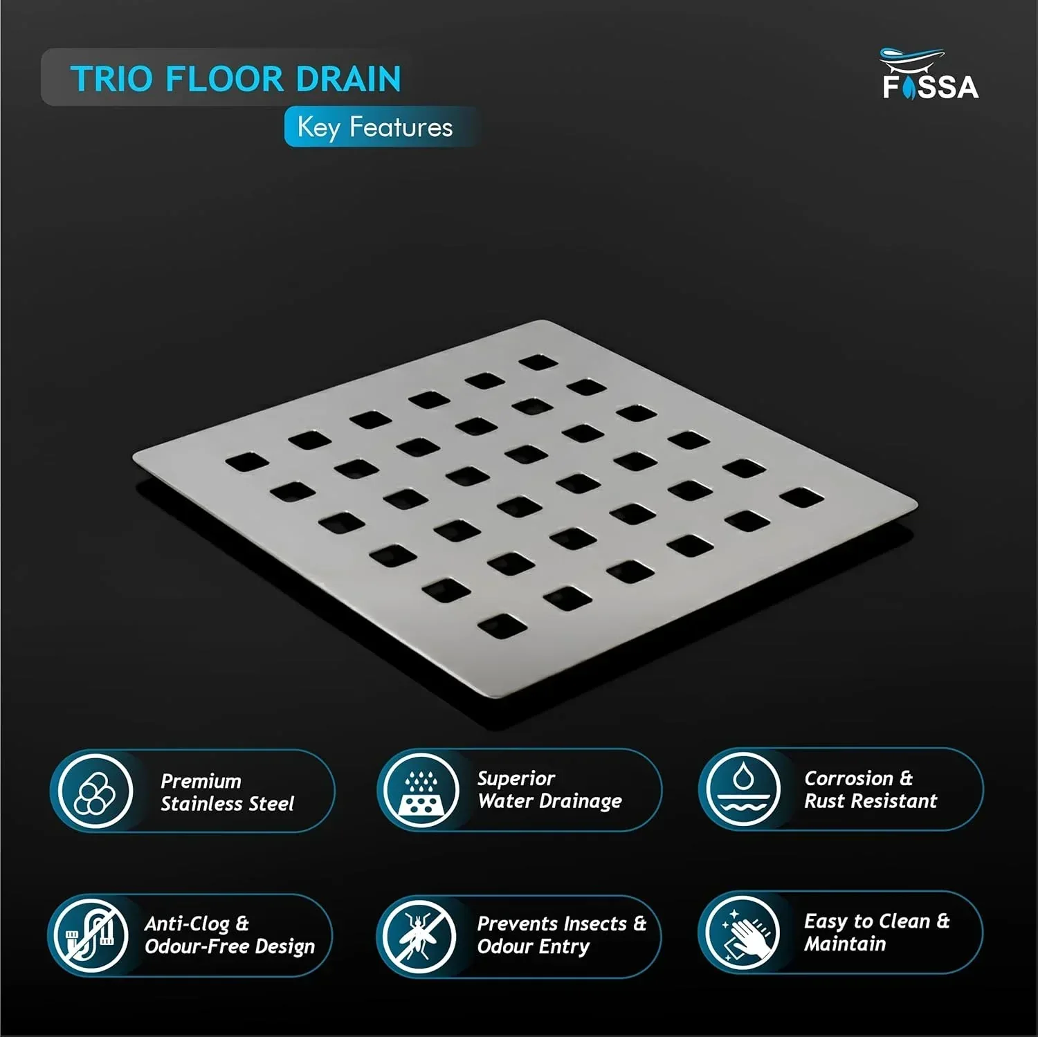 Trio Floor Drain (5 x 5 Inches) Premium Stainlees Steel - Image 3
