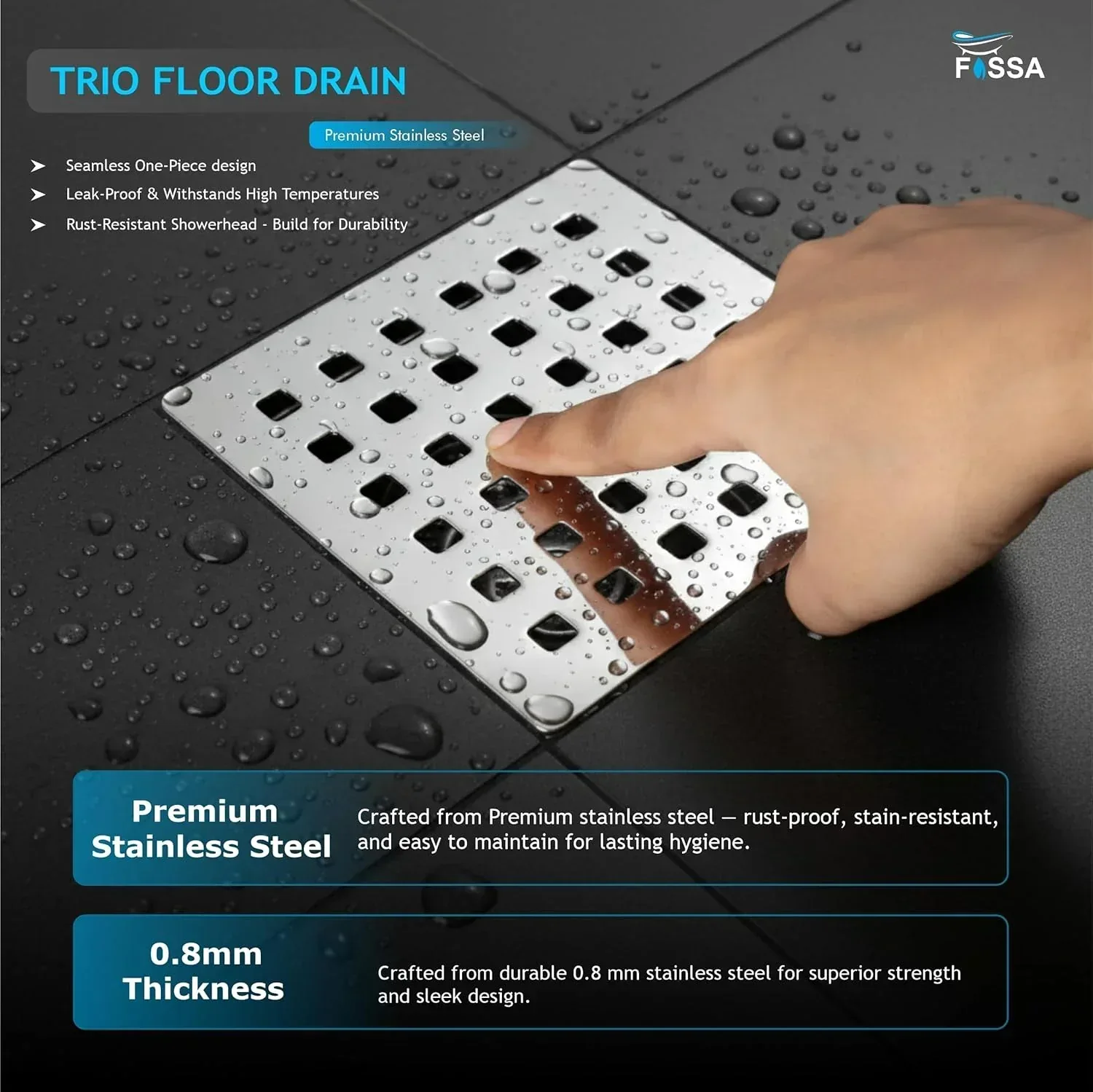 Trio Floor Drain (5 x 5 Inches) Premium Stainlees Steel - Image 4