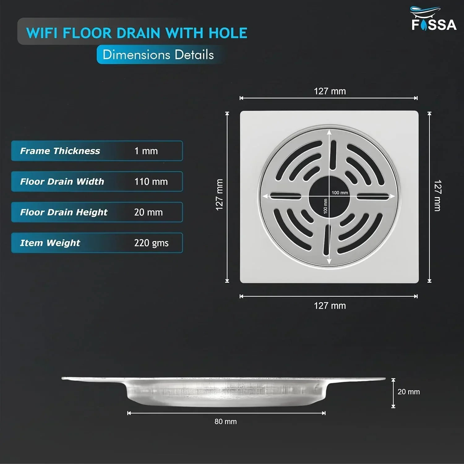 Wifi Floor Drain (5 x 5 Inches) Premium Stainlees Steel With Hole - Image 2
