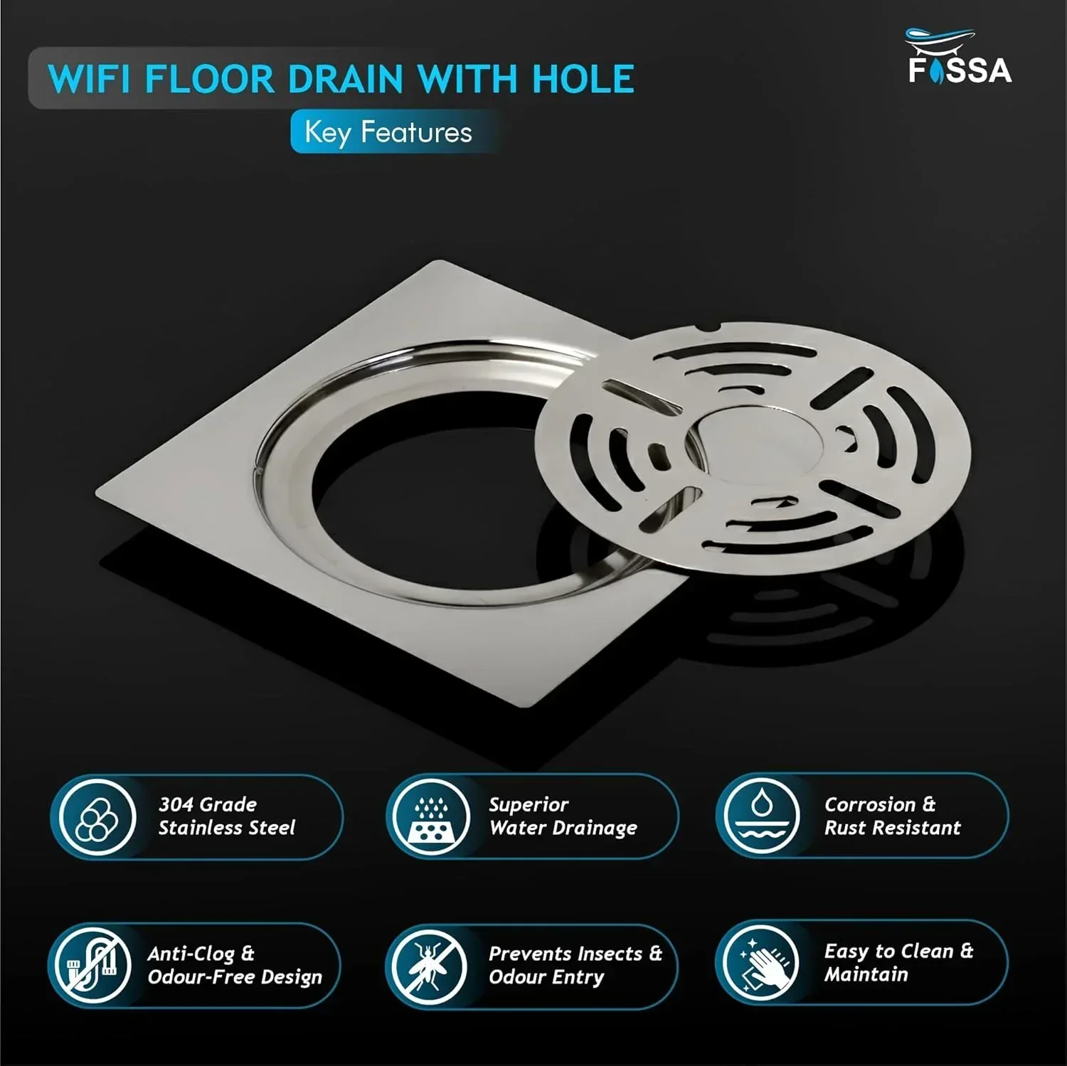 Wifi Floor Drain (5 x 5 Inches) Premium Stainlees Steel With Hole - Image 3