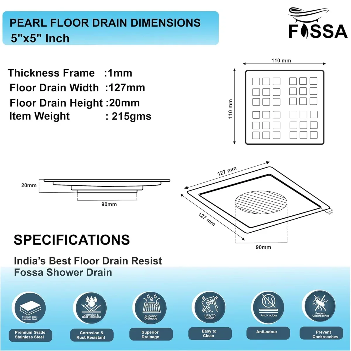 Pearl Floor Drain (5 x 5 Inches) Premium Stainlees Steel - Image 2
