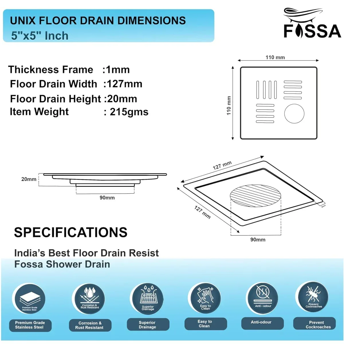 Unix Floor Drain (5 x 5 Inches) Premium Stainlees Steel With Hole - Image 6