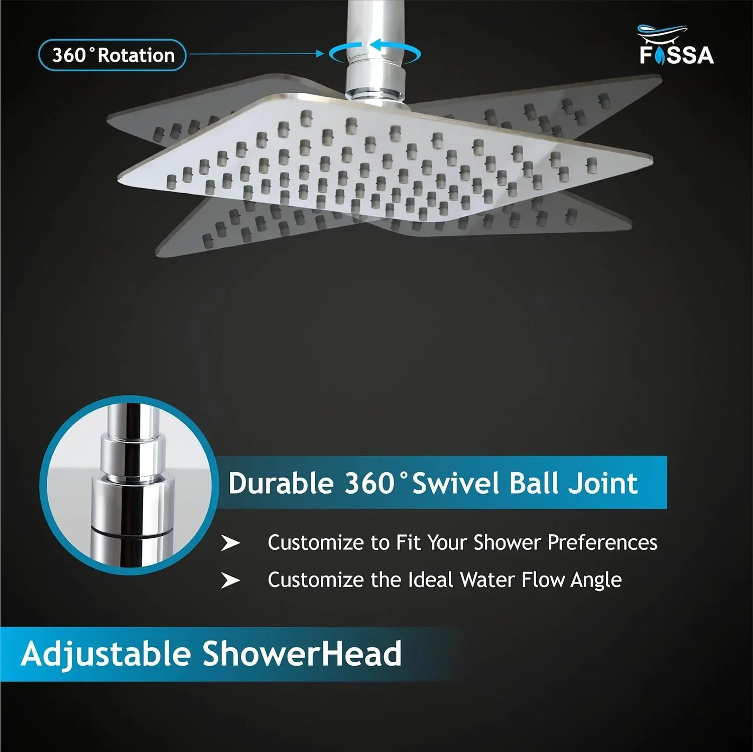 Colva (6x6 Inches) 304- Grade Stainless Steel Chrome Finish Overhead Shower With Arm (12 Inch) - Image 3