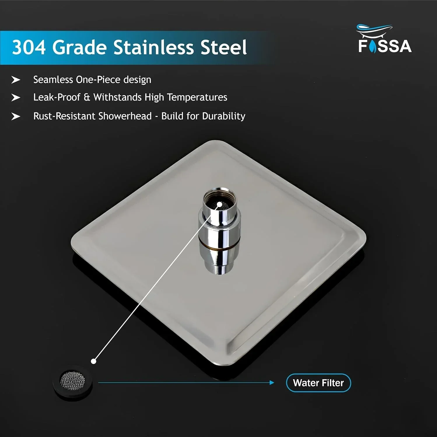 Colva (6x6 Inches) 304- Grade Stainless Steel Chrome Finish Overhead Shower With Arm (12 Inch) - Image 5