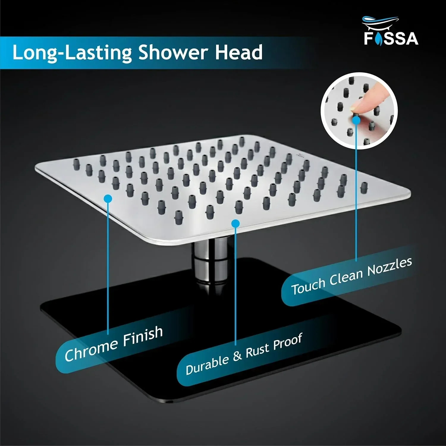 Colva (6x6 Inches) 304- Grade Stainless Steel Chrome Finish Overhead Shower With Arm (12 Inch) - Image 6