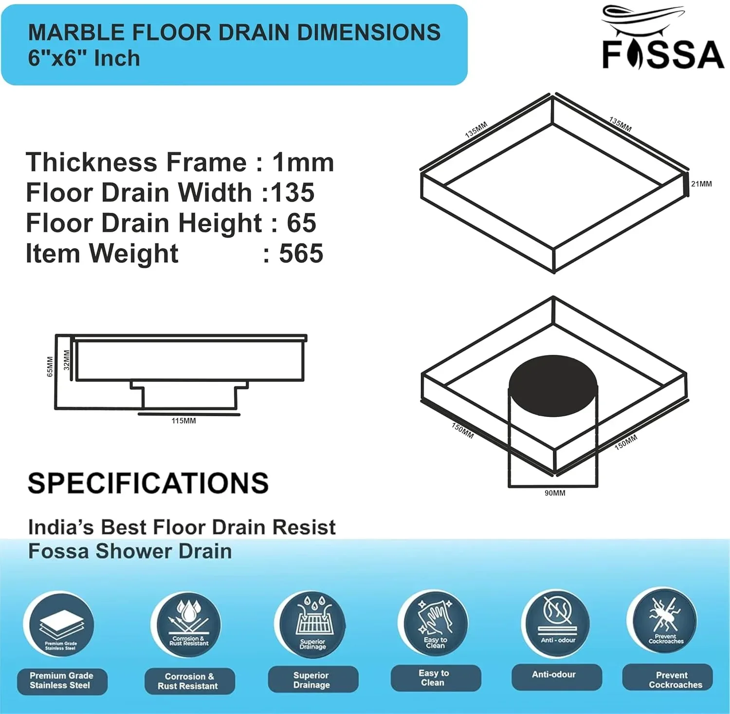 Marble Floor Drain (6  x 6 Inches) 304 Grade Stainlees Steel - Image 4
