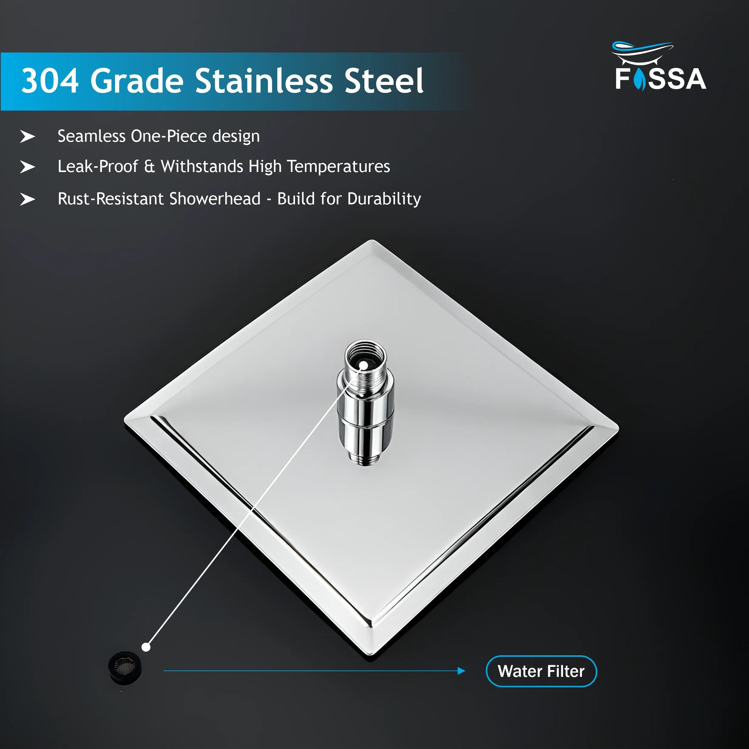 6x6 Inch Square Rain Overhead Shower – 304 Stainless Steel (Without Arm) - Image 4