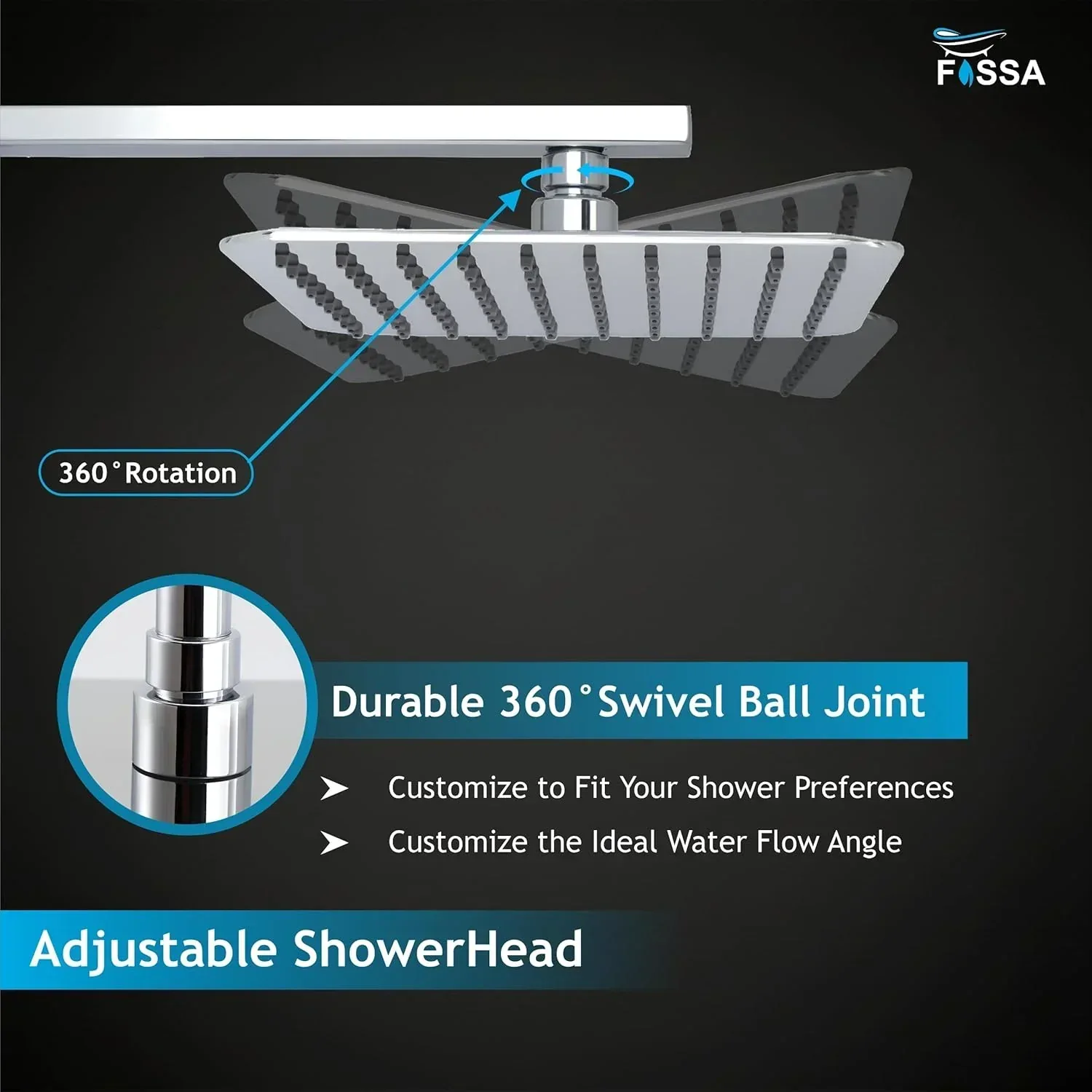 Colva (8x8 Inches) 304- Grade Stainless Steel Chrome Finish Overhead Shower With Arm (15 Inch) - Image 3