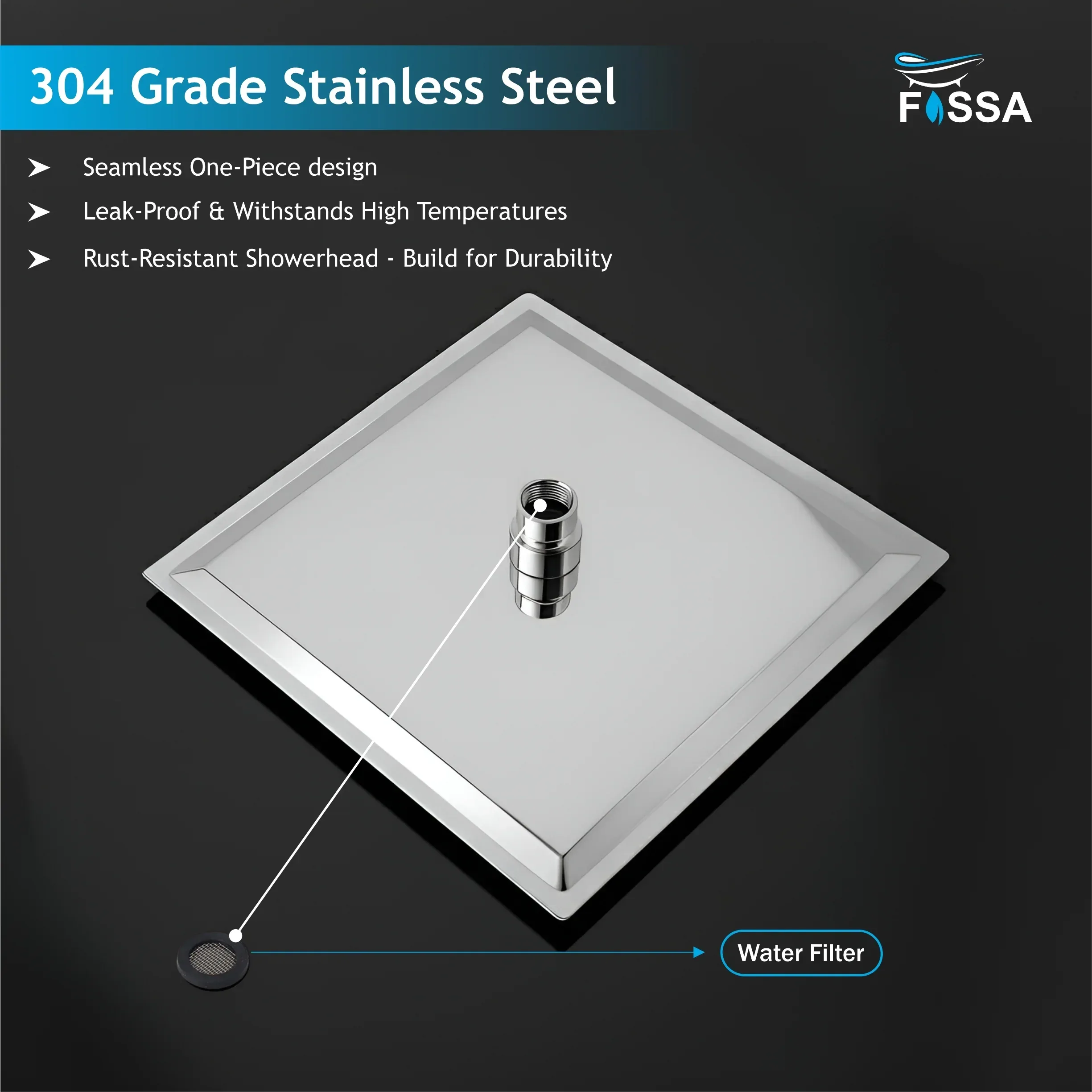 Ultra (8x8 Inches) 304- Grade Stainless Steel Chrome Finish Overhead Shower With Arm (15 Inch) - Image 3