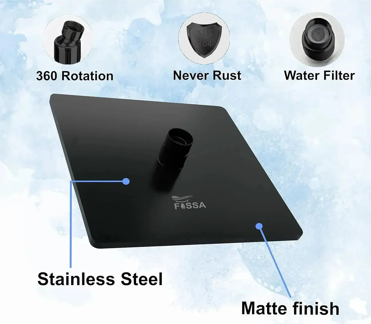 8 Inch Rainfall Square Overhead Shower Black With Arm (18 Inch) - Image 2
