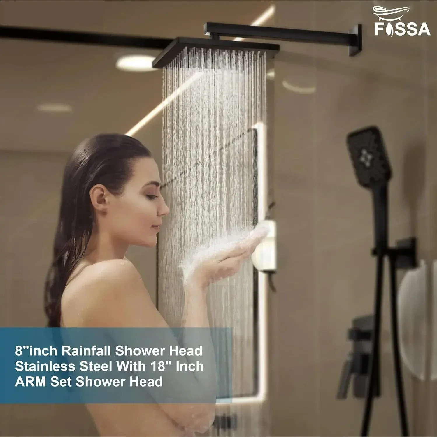 8 Inch Rainfall Square Overhead Shower Black With Arm (18 Inch) - Image 3