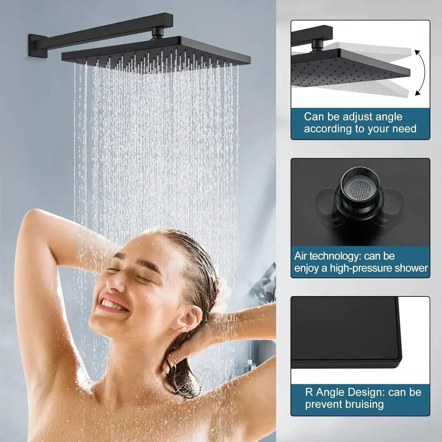 8 Inch Rainfall Square Overhead Shower Black With Arm (18 Inch) - Image 5