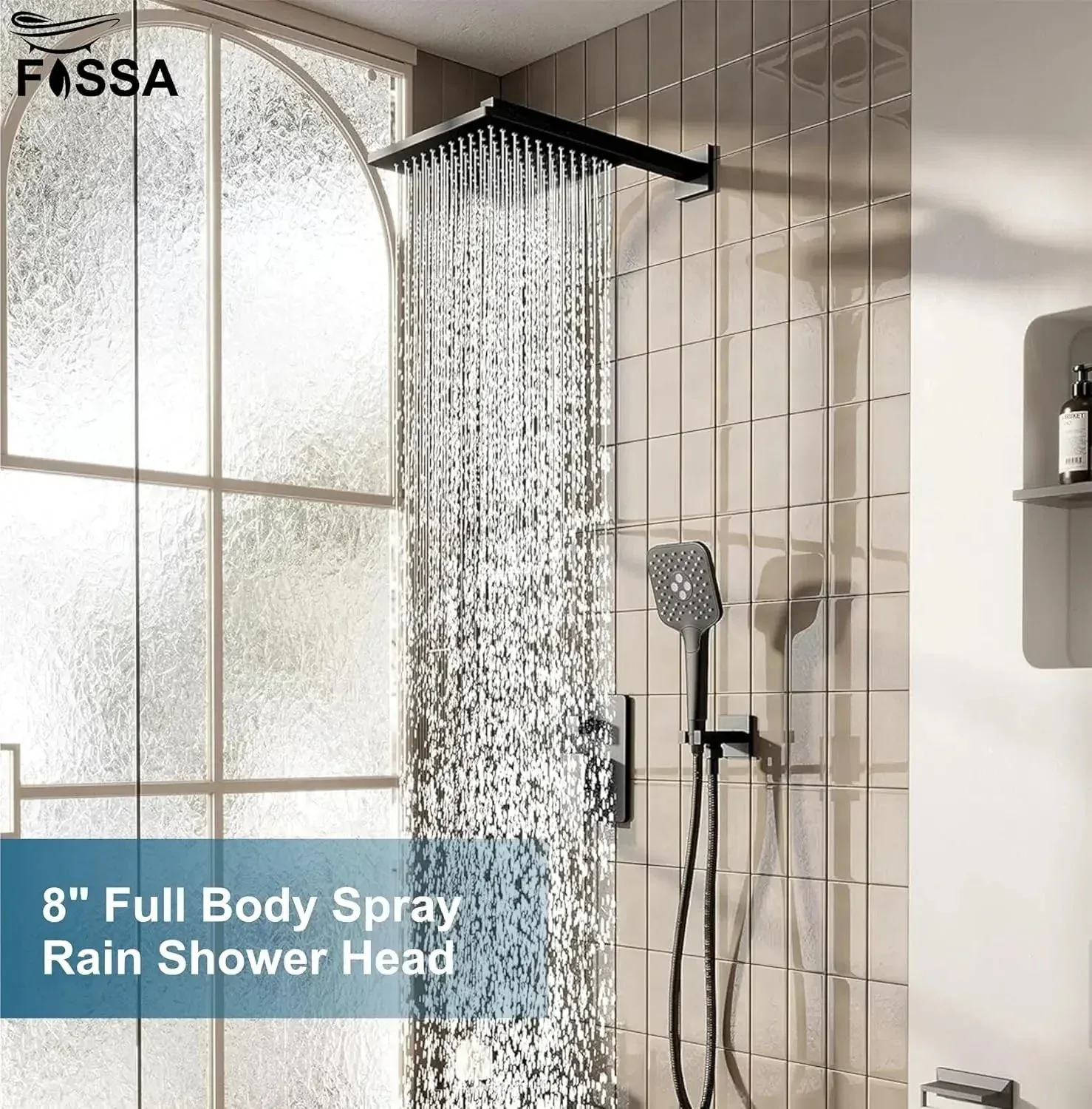 8 Inch Rainfall Square Overhead Shower Black With Arm (18 Inch) - Image 7