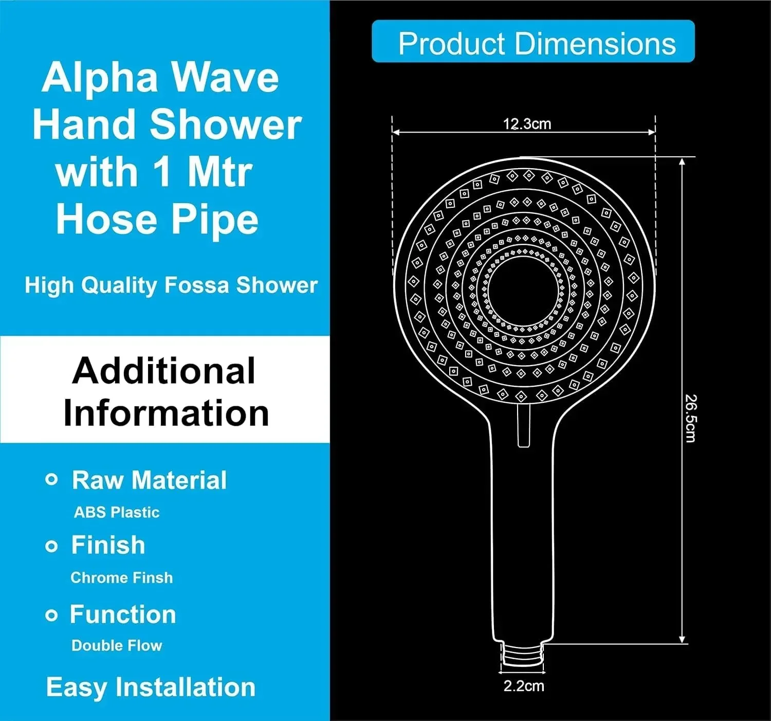 Alpha 2 Sprey Modes Chrome Finish Hand Shower With 1.5 Meter 304- Grade Stainless Steel Hose Pipe & Hook - Image 2