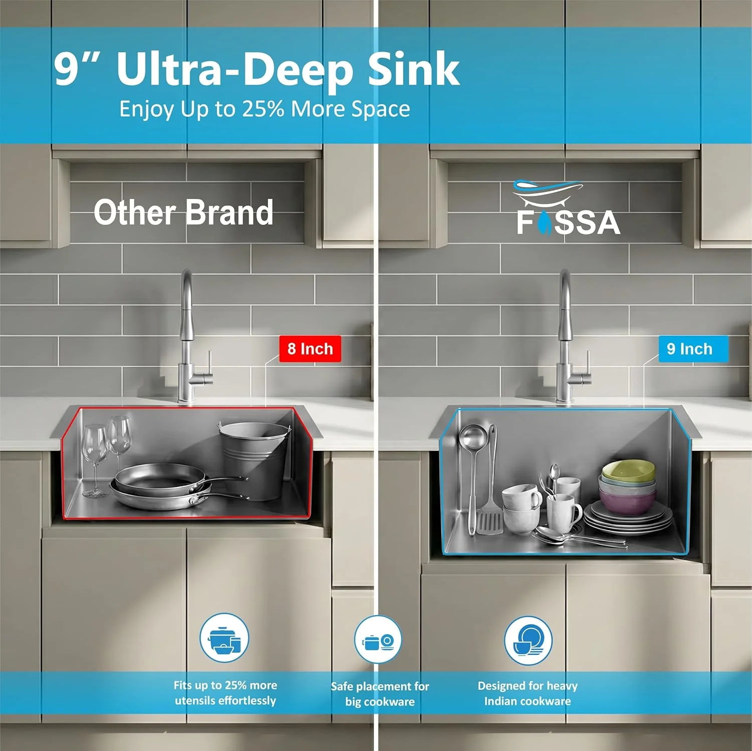 Aqua 304 Handmade (24 x 18 x 09 ) Inch SS Single Bowl Round Coupling Silver Kitchen Sink - Image 6