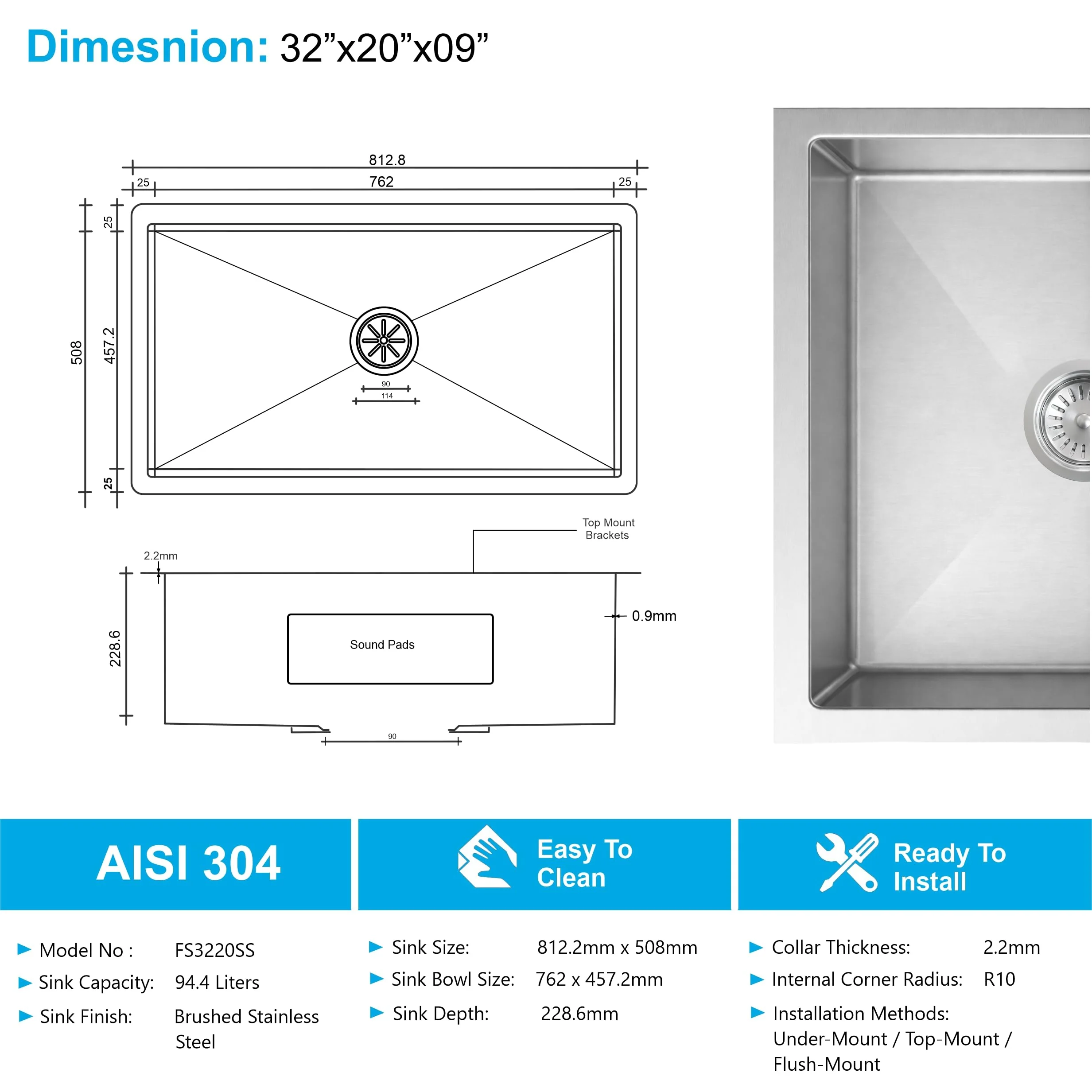 Aqua 304 Handmade  (32 x 20 x 09 ) Inch SS Single bowl Bowl Round Coupling Silver Kitchen Sink - Image 2