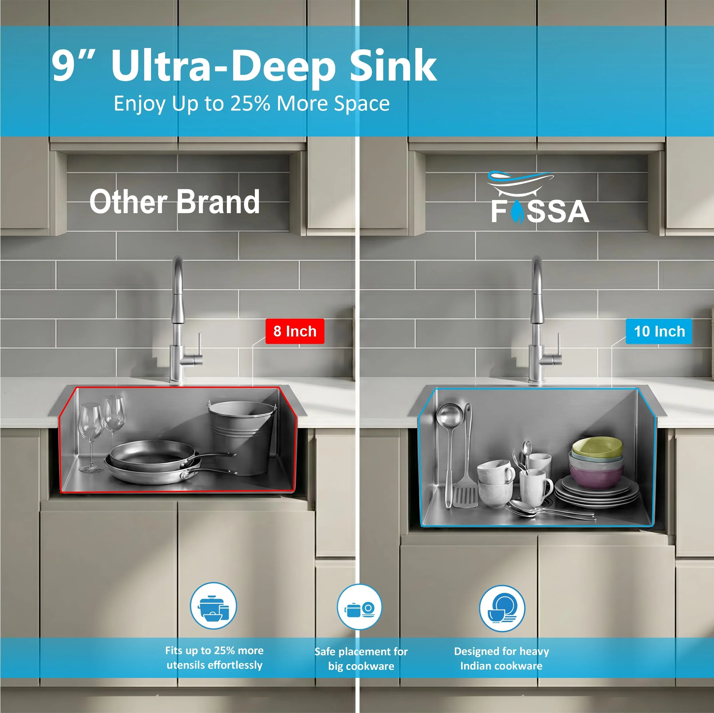 Aqua 304 Handmade  (32 x 20 x 09 ) Inch SS Single bowl Bowl Round Coupling Silver Kitchen Sink - Image 5