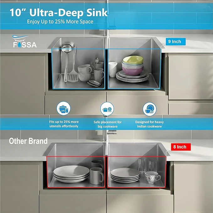 Aqua 304 Handmade  (45 x 20 x 09 ) Inch SS Double bowl Bowl Tap Hole Square Coupling Silver Kitchen Sink - Image 5