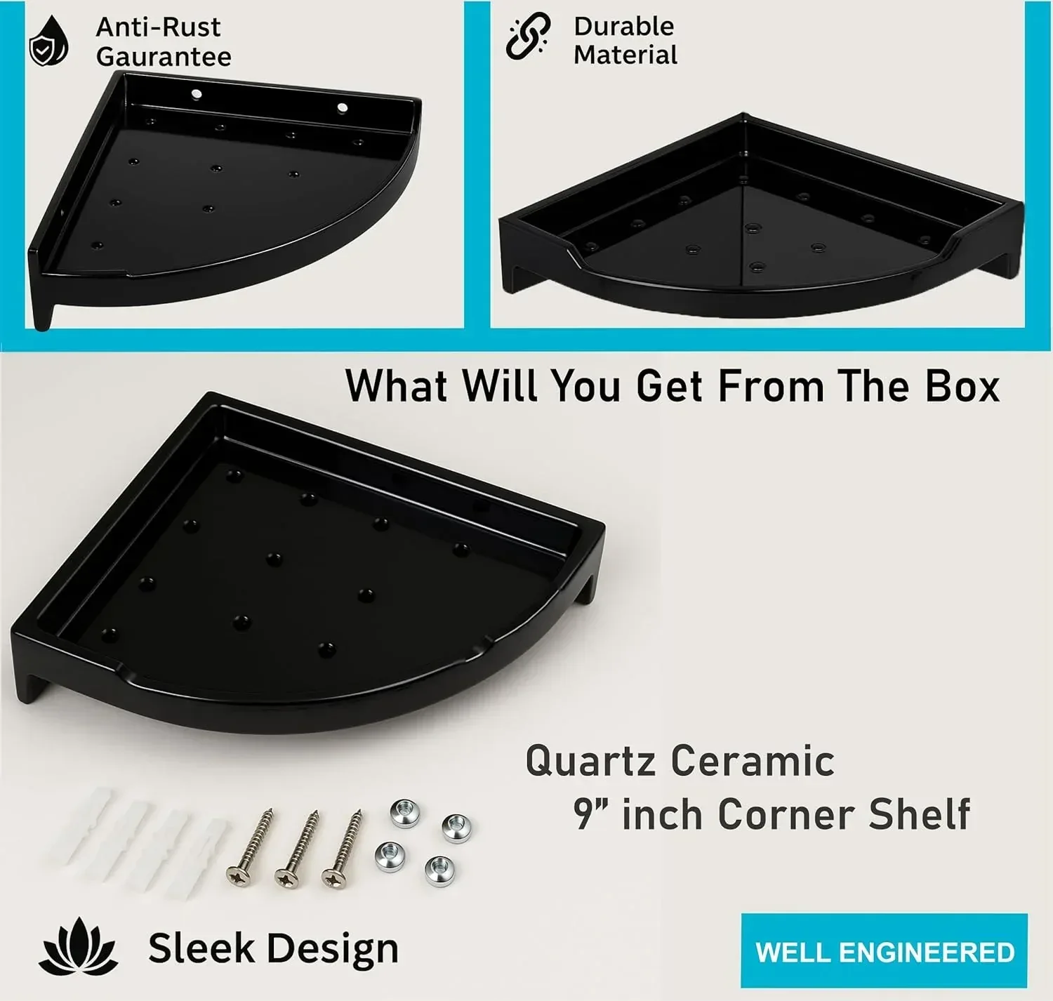 Black Corner Wall Shelf 9 inch Unbreakable Abs Ceramic Finish (RB-133) - Image 3