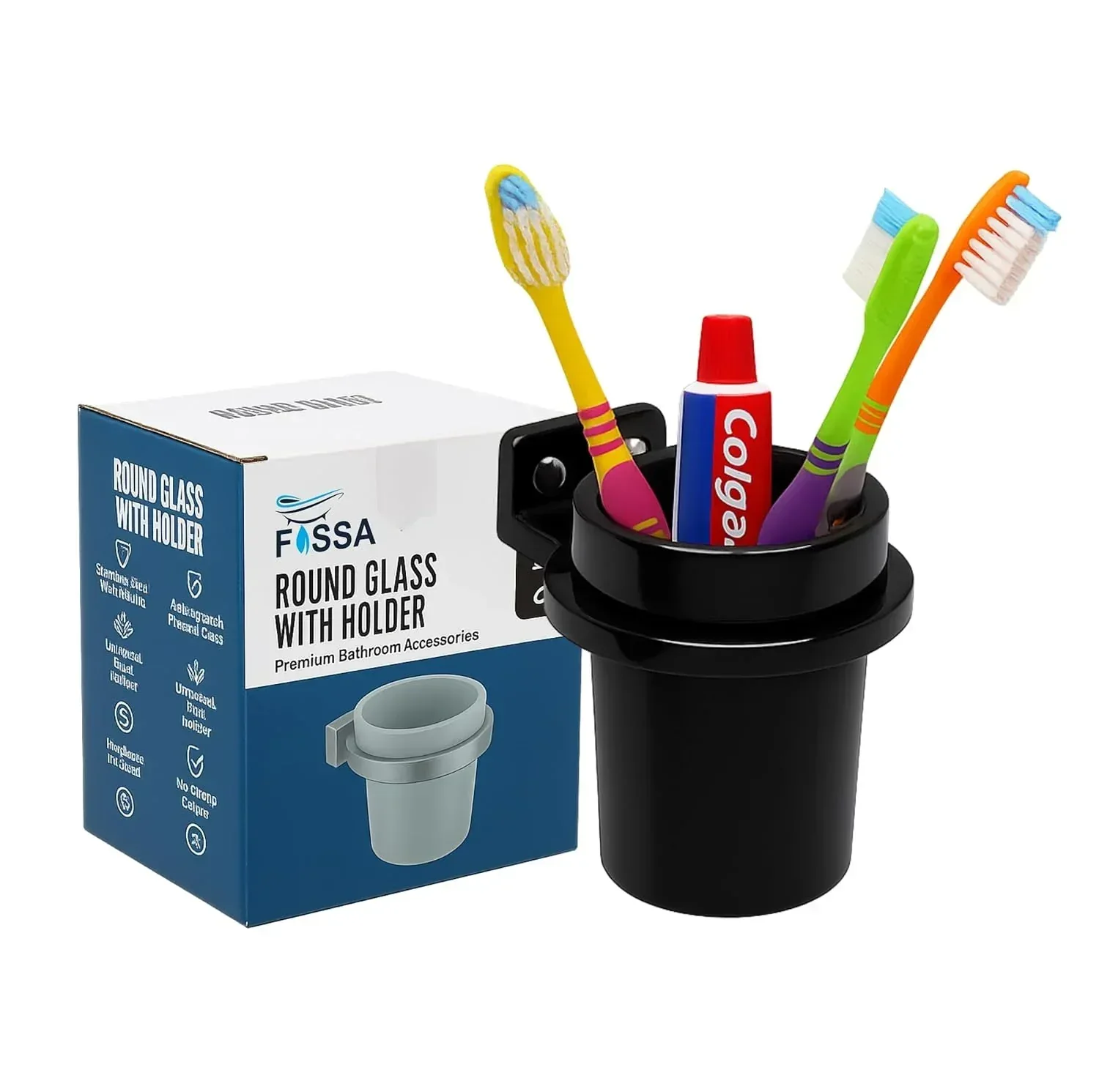 Ceramic Black Unbreakable Brush Holder Round Glossy Finish  (RB-123)