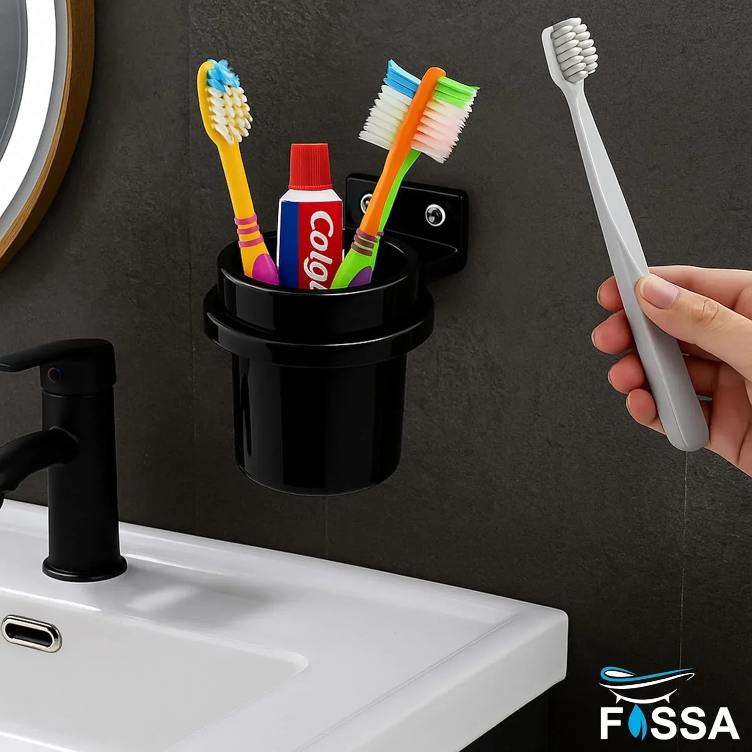 Ceramic Black Unbreakable Brush Holder Round Glossy Finish  (RB-123) - Image 3
