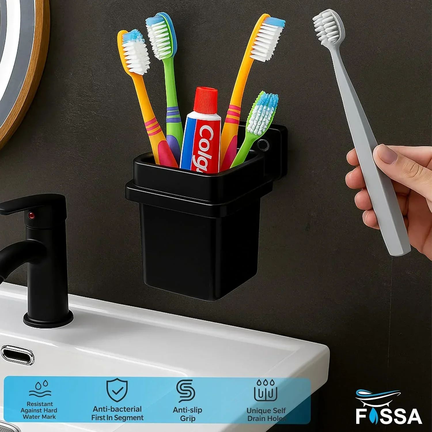 Ceramic Black Unbreakable Brush Holder Square Glossy Finish (RB-113) - Image 3