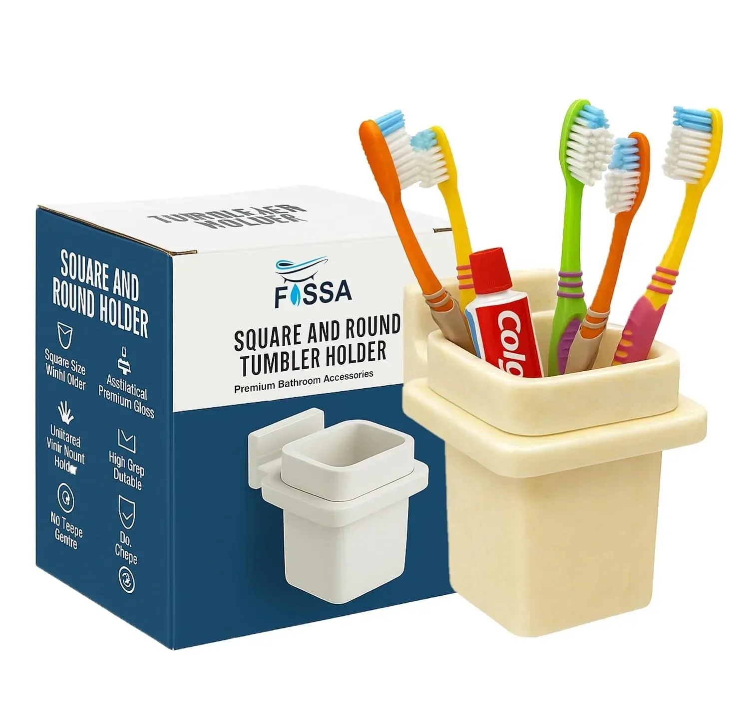 Ceramic Ivory Unbreakable Brush Holder Square Glossy Finish (RM-113)
