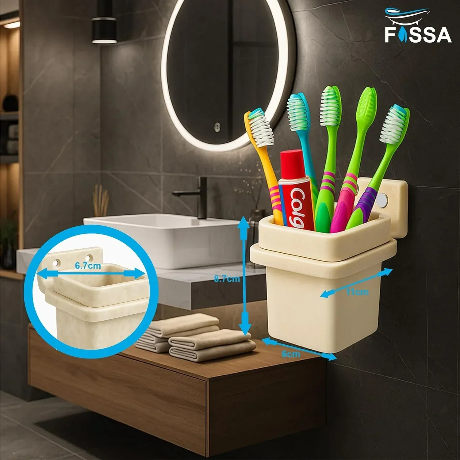 Ceramic Ivory Unbreakable Brush Holder Square Glossy Finish (RM-113) - Image 2