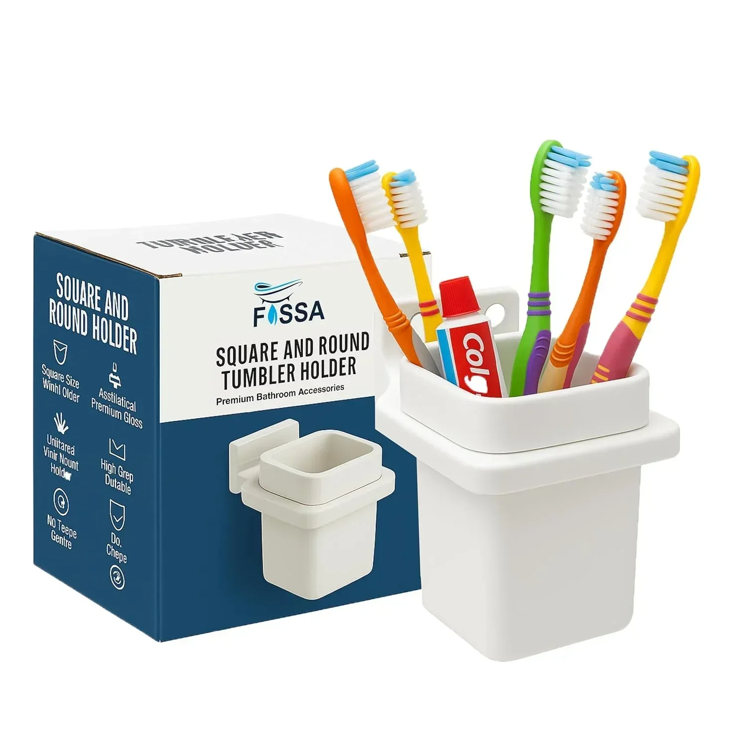 Ceramic White Unbreakable Brush Holder Square Glossy Finish  (RW-113)