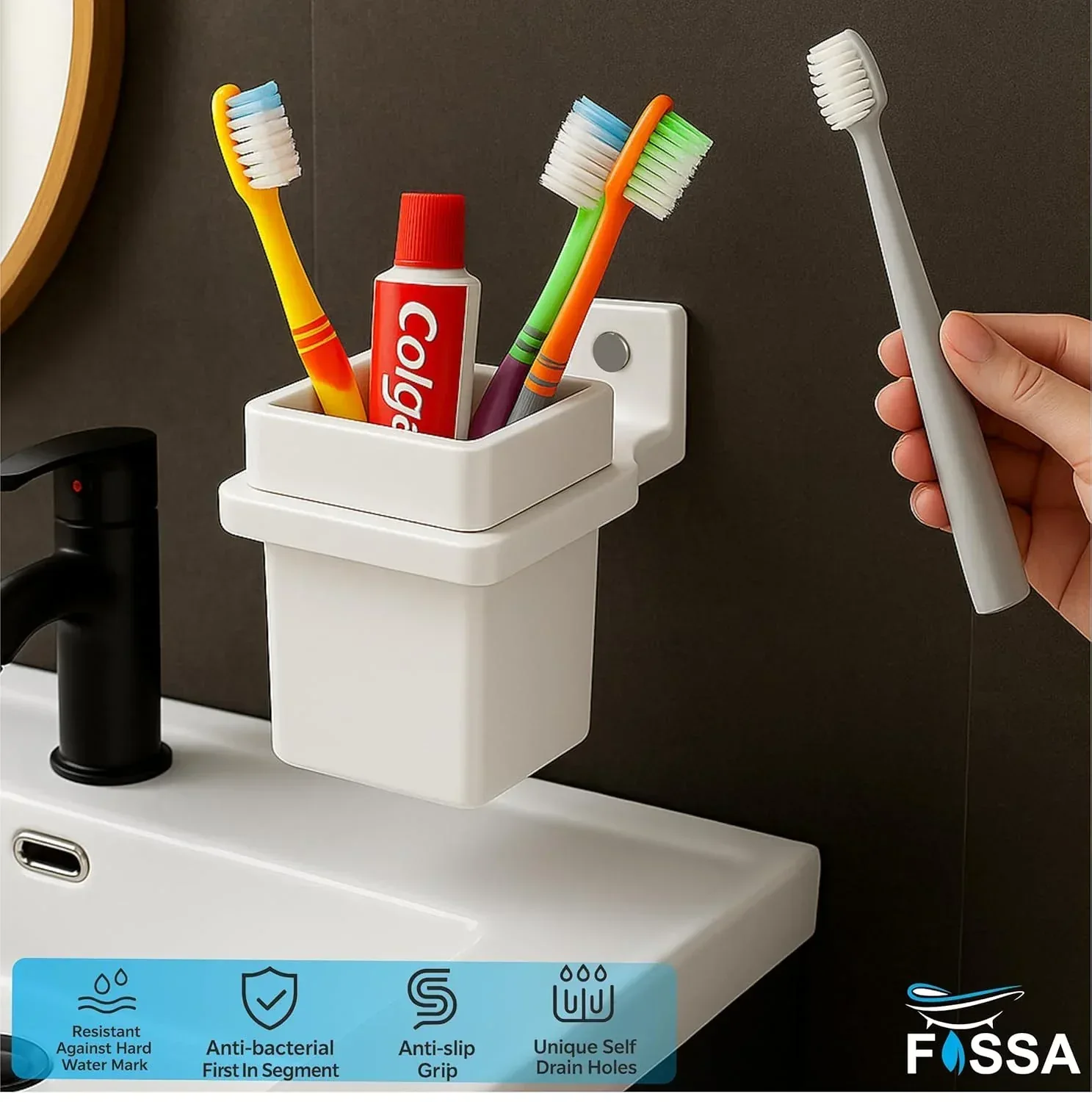Ceramic White Unbreakable Brush Holder Square Glossy Finish  (RW-113) - Image 3