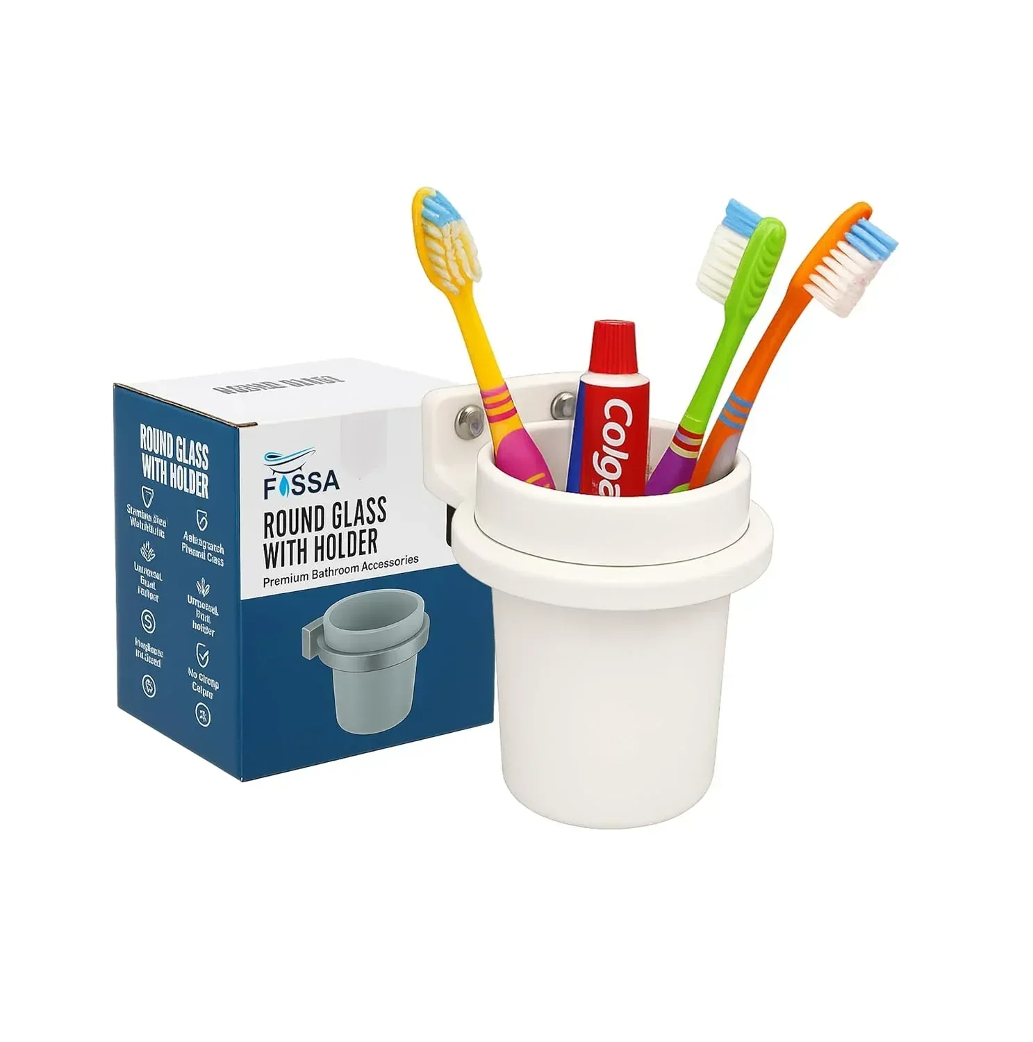 Ceramic White Unbreakable Brush Holder Round Glossy Finish (RW-123)