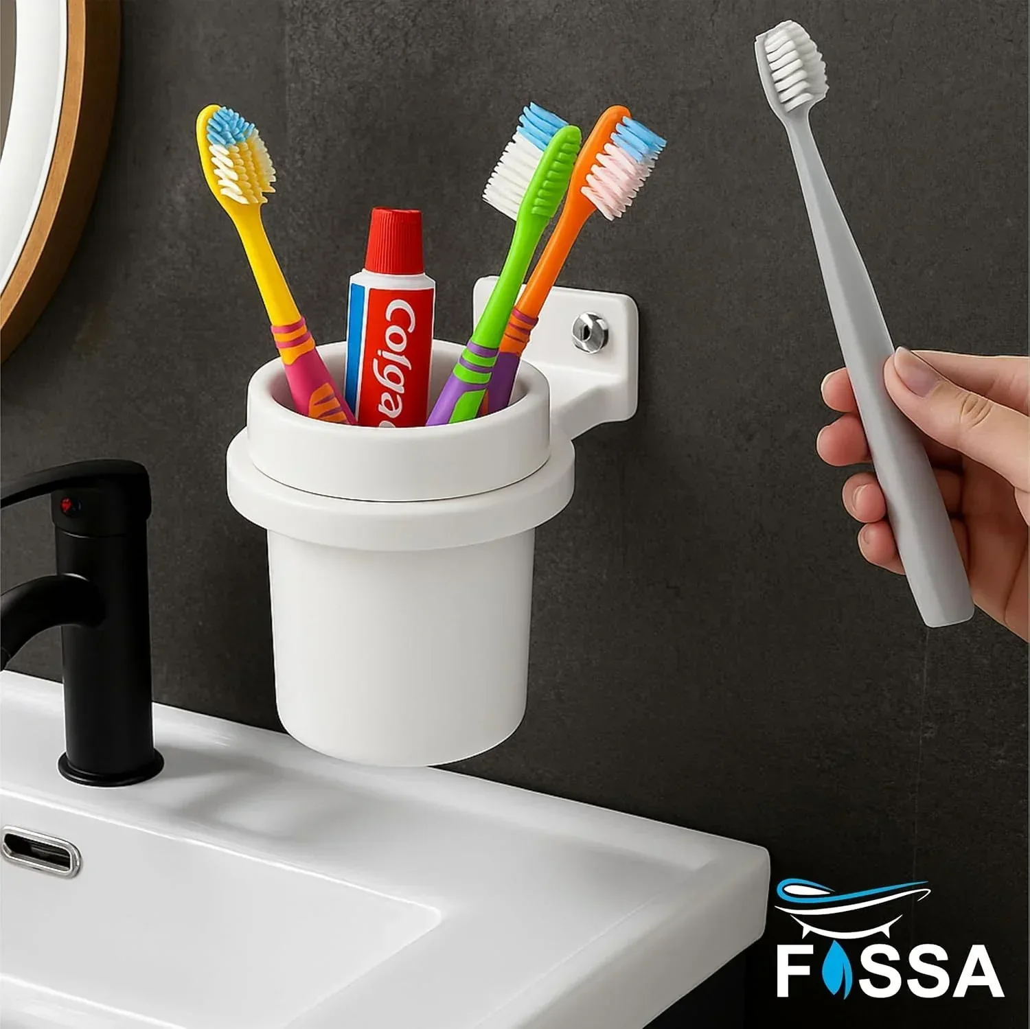 Ceramic White Unbreakable Brush Holder Round Glossy Finish (RW-123) - Image 3